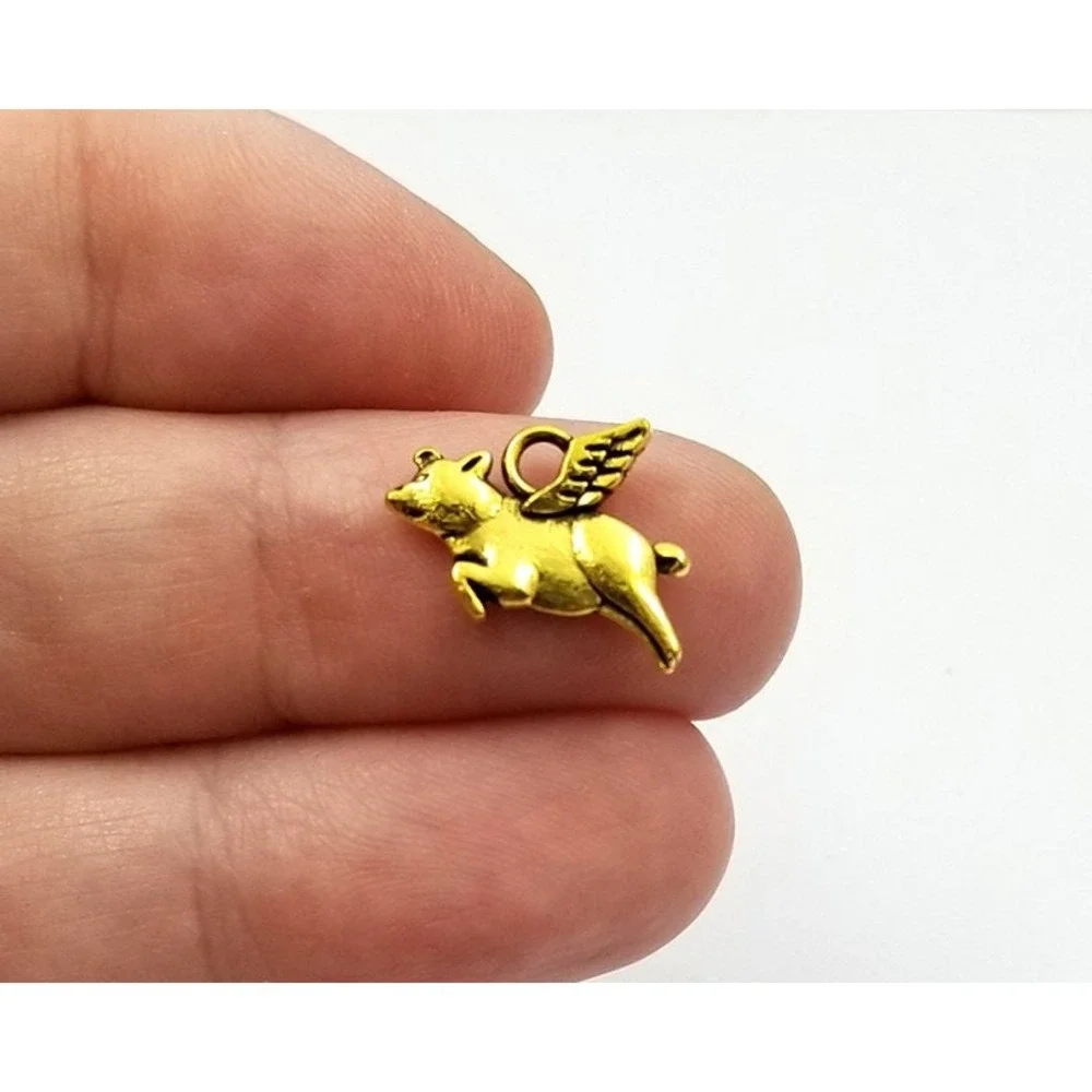 14pcs When Pigs Fly Charms, Gold Flying Pig Charms